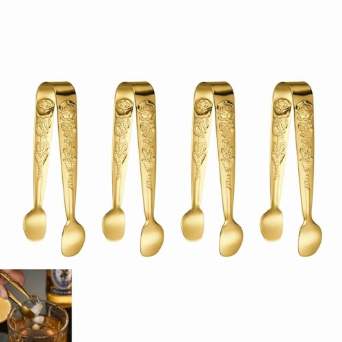 HIDOSNG Sugar Cube Tongs, 4PCS 4Inch Stainless Steel Mini Serving Tongs Small Ice Tongs for Tea and Coffee Party (Golden)