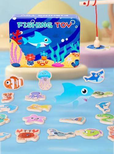 Image of 21Pcs Magnetic Fishing Game Wooden Montessori Counting Fishing Toys For Kids 3 4 5 Years Old Preschool Learning Toys Gifts For Toddlers Girls Boys (Fishing Tin)