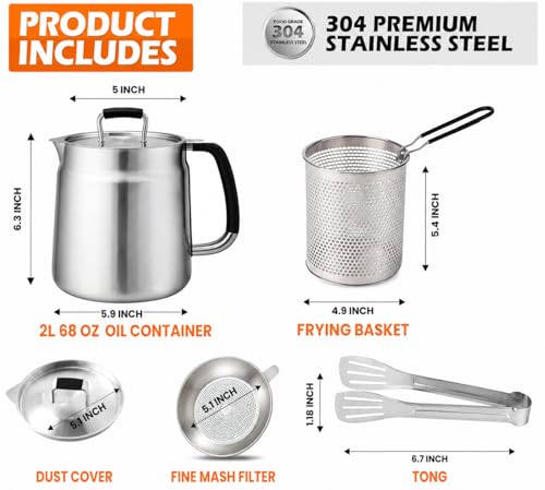 68oz 3-in-1 304 Stainless Steel Oil Filter Pot with Fine Mesh Oil Strainer & Tong, Heat-Resistant Handle, 2LCapacity Bacon Grease Container for Kitchen & Camping,MultiFunctional Frying Oil Container. - Image 2