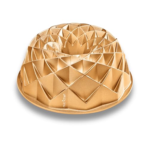 NutriChef 9-Inch Cake Pan - Nonstick Heavy Cast Aluminum Cake Mold for Baking - French Wreath Design for Uniform Baking - Easy to Clean, Gold