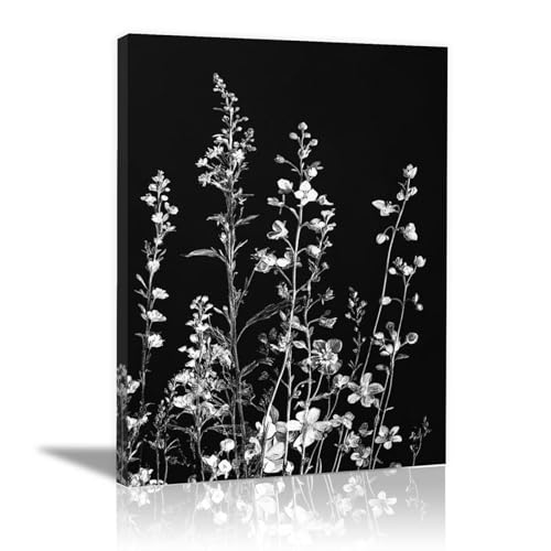 Tableau noir et blanc fleurs déco maison, toile murale 60x80cm encadrée pour cuisine et bureau.