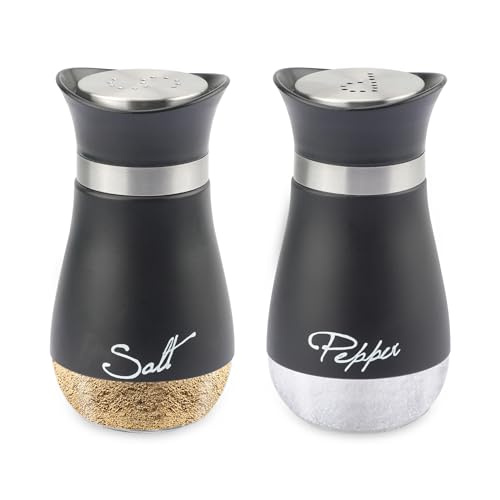 TEKONDA Juego de salero y pimentero de acero inoxidable, fondo de cristal, apto para cocina, camping, picnic, barbacoa, color negro