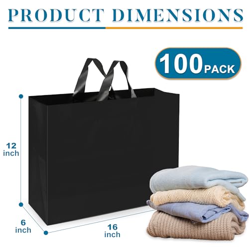 XPCARE 100Pack Frosted Plastic Gift Bags, 16x6x12 Black Plastic Shopping Bags with Handles for Small Business, Boutiques, Retail Stores, Gifts & Merchandise