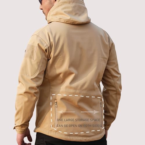 Image of Men's Tactical Fleece Lined Jacket Softshell Military Hooded 7 Pockets Windproof Outdoor Work Rain Coats Khaki M