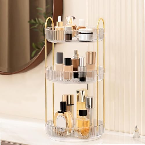 GLAMFORT Rotating Makeup Organiser, Acrylic 3 Tier Perfume Beauty Skincare Organiser, 360 Spinning Cosmetic Storage for Vanity Desk, Bedroom, Bathroom, Countertop, Clear