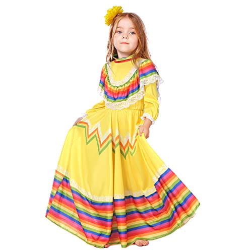 Mexican Dresses For Girl Traditional Folklorico Skirt Fiesta Dress Christmas Costume For Girl Princess Dresses For Girl Yellow #TOP4