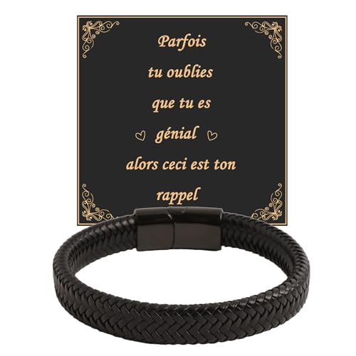 Juozyve Cadeau Homme Bracelet Cuir Noir : Bracelet Cuir Noir Amitié Porte-bonheur Bijoux Homme Cadeau Anniversaire Saint-Valentin Noël Fête des Pères 21.5cm