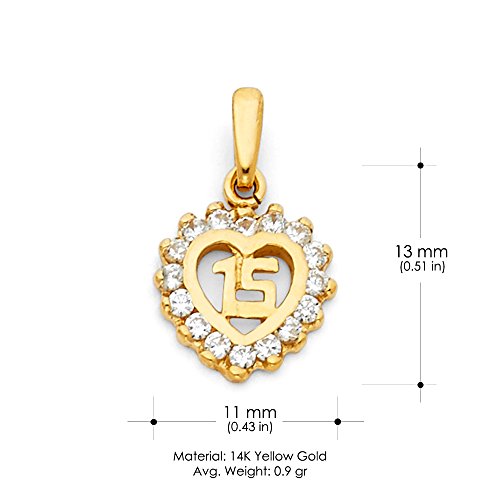 14K Yellow Gold Sweet 15 Years Quinceanera Heart Cubic Zirconia CZ Charm Pendant with 1.2mm Figaro 3+1 Chain Necklace3