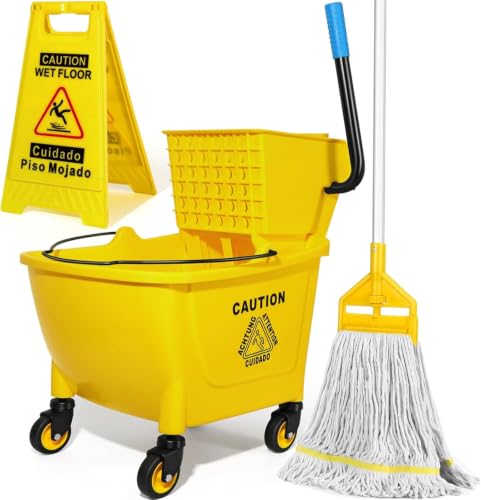 Heavy Duty 35 Qt Mop Bucket with Wringer and Sign