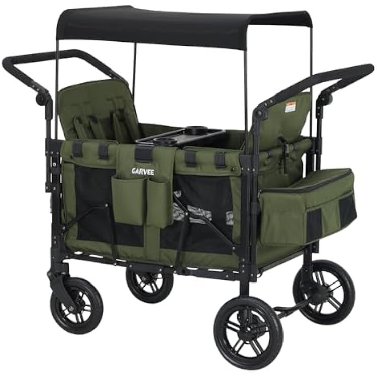 Stroller Wagon for 4 Kids, Premium Quad Stroller Wagon with 4 Convertible Seats, Adjustable Push/Pull Handles, 5-Point Harness Belt, Snack Tray, Removable Canopy & Flat Fold, One-Step Brake, Green