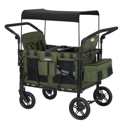 Bollerwagen faltbar mit 4 Sitze Premium Bollerwagen für 4 Kinder mit Dach Kinderwagen Handwagen mit 5-Punkt-Gurt Snack Tablett Sonnenschutzdach geländegängigen PU-Rädern