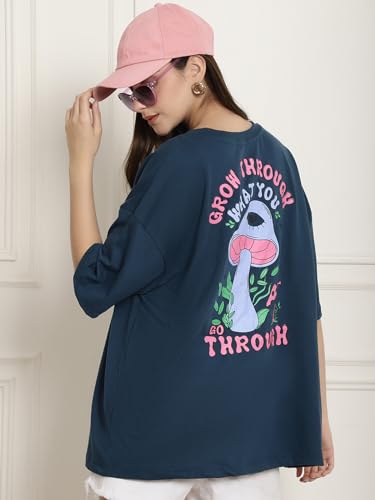 Image of Fabflee Oversized Cotton Baggy Drop Shoulder Graphic Tee with Half Sleeves | Korean Casual Loose T-Shirt for Women
