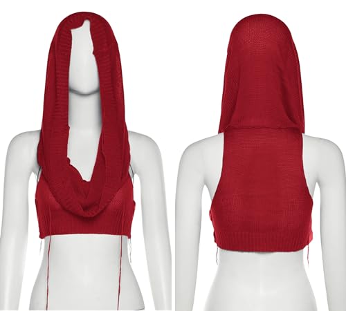 Image of Women's Knitted Hoodie Sweater Vest Sexy Sleeveless Hollow Out Hooded Crop Top Draped Sweatshirt Streetwear