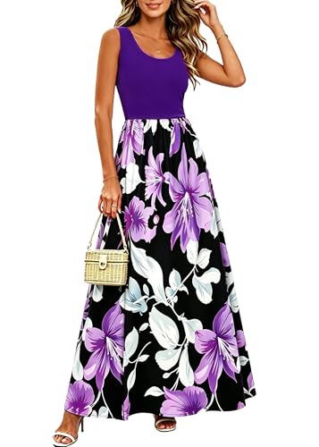 Bluetime Women's Summer Boho Sleeveless Floral Print Tank Long Maxi Dress (Purple, S)