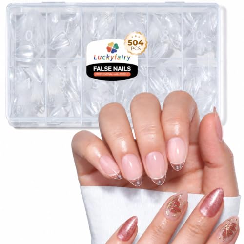 Luckyfairy Short Almond Nail Tips: 504pcs Pre-Etched Soft Gel Nail Tips, Tri-Layer Core Short Fake Nails, 12 Sizes Half Matte Full Cover Clear Press on Nails Extension DIY for Flat & Natural Nail Beds