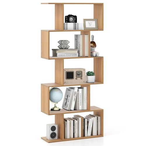 Image of SFAREST 5/6 Tier Bookcase, Wooden S-Shaped Bookshelf, Freestanding Shelving Display Storage Organizer Unit for Living Room Study Room Office (Natural, 70 x 24 x 158cm)