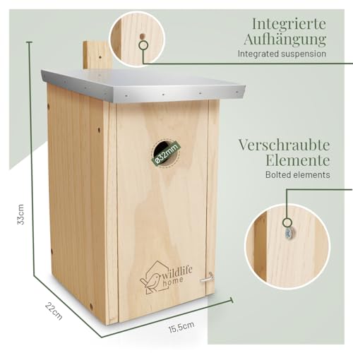 WILDLIFE HOME Nistkasten Meisen mit Metalldach für Kohlmeisen & Co. I nach NABU aus verschraubtem Massiv-Holz I Wetterfest & Unbehandelt I Vogelhaus zum Aufhängen