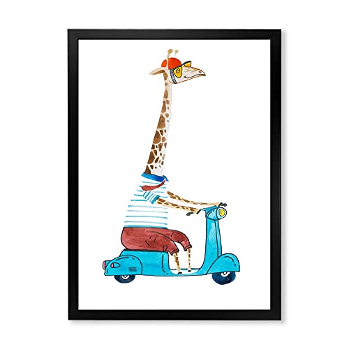 Girafe à trottinette en tableau encadré au style rigolo pour enfants
