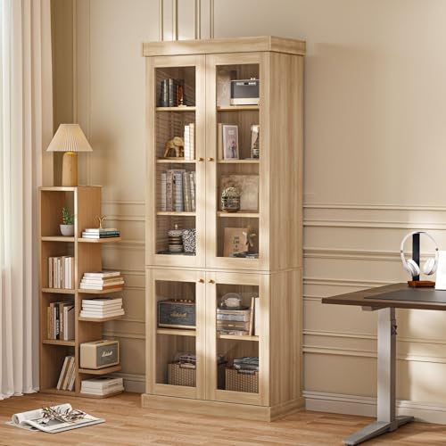 Image of ivaniti 70.8 inch Tall Farmhouse Bookshelf, Modular Bookcase with Glass Doors, 6-Tier Adjustable Shelves, Large Storage Cabinet for Study or Home Office, Brown, Set of 2