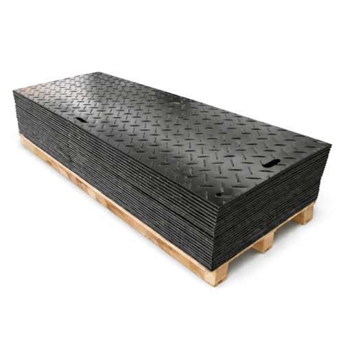 IRONTREAD Mats Ground Protection Mat 4&rsquo; x 8&rsquo; &ndash; &frac12;&rdquo; Thick - Recyclable HDPE Diamond Tread Pattern - Non-Slip Reusable Waterproof - Driveway & Construction Mats for Equipment & Landscaping &ndash; 20 Pcs Pack