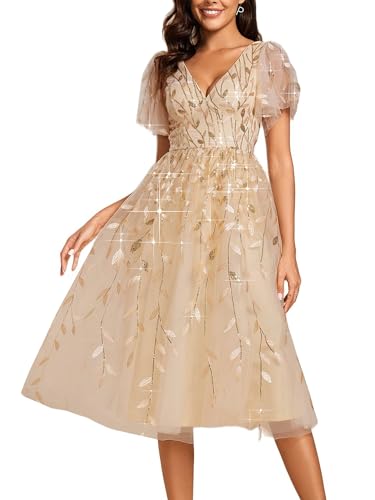 Ever-Pretty Women's Elegant A Line Embroidery Short Sleeves Midi Sequin Formal Cocktail Wedding Guest Dress Gold US14