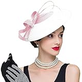 HIMESPORT Pink and White Fascinators Hat for Women Ladies Straw Wide Brim Wedding Cocktail Formal Church Tea Party Dress Derby Hats with Bow Feather
