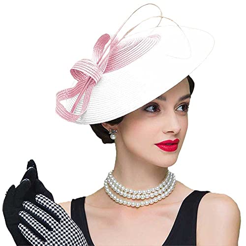 HIMESPORT Pink and White Fascinators Hat for Women Ladies Straw Wide Brim Wedding Cocktail Formal Church Tea Party Dress Derby Hats with Bow Feather