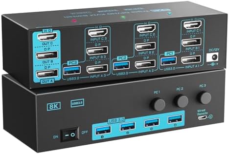 8K/4K KVM Switch 3 Monitors 3 Computers Triple Monitor 3 Port 2 Displayport 1.4 and HDMI 2.1 USB 3.0 KVM Switches, DP 1.4 Supports 8K@30Hz/4K@144Hz, HDMI Supports 8K@60Hz /4K@120Hz with Wired Remote
