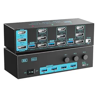 8K/4K KVM Switch 3 Monitors 3 Computers Triple Monitor 3 Port 2 Displayport 1.4 and HDMI 2.1 USB 3.0 KVM Switches, DP 1.4 Supports 8K@30Hz/4K@144Hz, HDMI Supports 8K@60Hz /4K@120Hz with Wired Remote