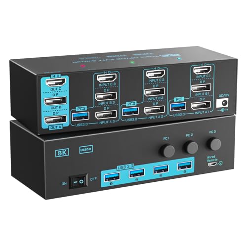 8K/4K KVM Switch 3 Monitors 3 Computers Triple Monitor 3 Port 2 Displayport 1.4 and HDMI 2.1 USB 3.0 KVM Switches DP 1.4 Supports 8K@30Hz/4K@144Hz HDMI Supports 8K@60Hz /4K@120Hz with Wired Remote