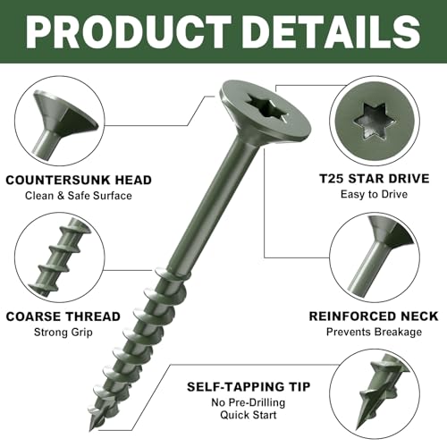 Image of LIONMAX Deck Screws 2 Inch, Wood Screws #8 x 2, 300 PCS, Rust Resistant, Exterior Epoxy Coated, Outdoor Decking Screws, Torx /Star Drive Head Screw, T25 Star Bit Included, Green
