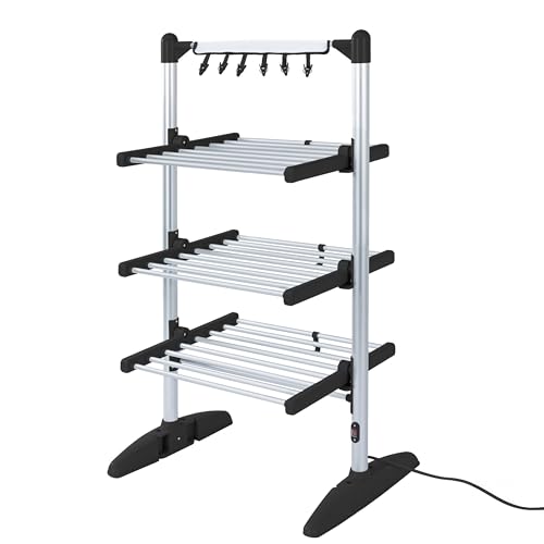 Duronic CA30 BK Electric Clothes Airer 3 Tier Heated Indoor Laundry Drying Rack with Washing Pegs 300W Foldable Sock Hanger Lightweight Garment Dryer Stand for Hats Gloves Small Spaces Home