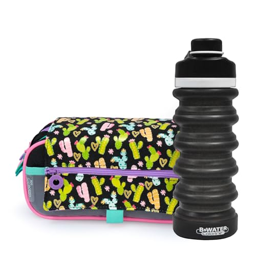 office box - Pack Vuelta al Cole: Estuche Triple + Botella de Silicona Plegable BWater – Lavable y Resistente para durar Todo el Curso por un Precio único. (Cactus+Bwater)