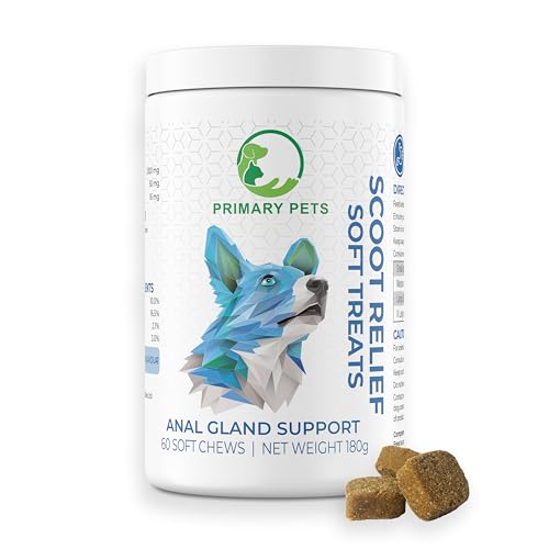 Primary Pets Premium Pet Supplies Scoot Relief Treats, Anal Gland Support for Dogs | High Fibre Supplement with Psyllium Husk, Pumpkin, Flaxseed, Dandelion Root & Beet Pulp | 60 Soft Chews