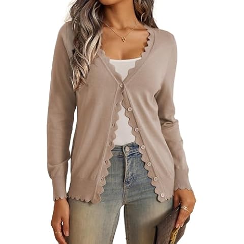 VERABENDI Womens Cardigans Lightweight Long Sleeve V Neck Button Down Cute Scalloped Edges Camel Cardigan Sweaters for Women, Large Cover