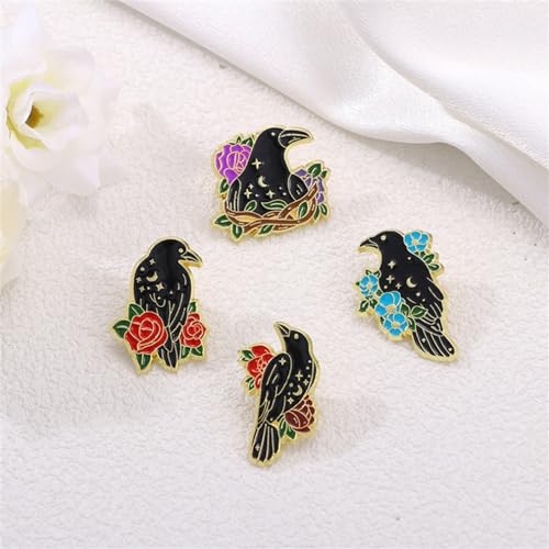 Image of Black Crow Pins Set Cute Christmas Kawaii Bird Backpack Brooch Pins Rose Flower Lapel Pin Aesthetic Badges for Women Men Clothing Bags Art Lapel Jackets Hats DIY Accessories Gift