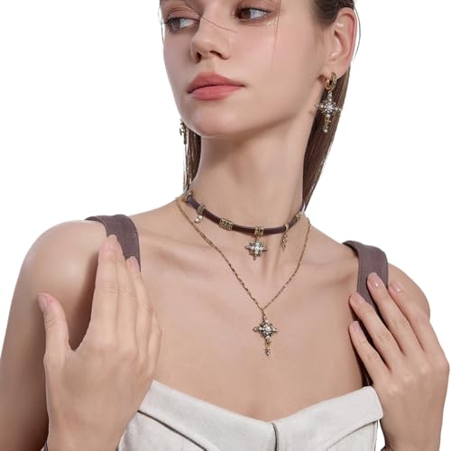 Retro stylish Star Cross Pendant Necklace Faux Leather Women's Collar Personalized Double Layer Necklace M25924
