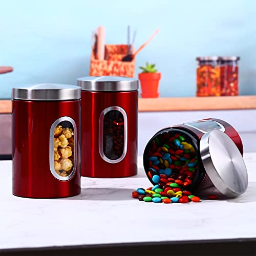 Zopeal 6 Pcs 50Oz Stainless Steel Canister Set With Windows Red Canisters Sets For Metal Sugar And Flour Airtight Steel Sugar Jar Storage Containers For Coffee Tea Red Kitchen Decor #TOP2