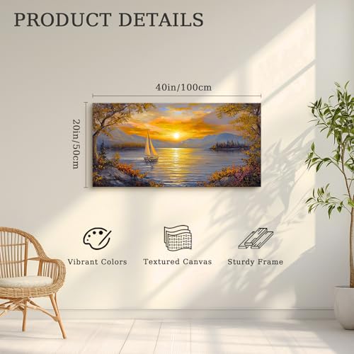 crmotu Sunset Wall Art, Lake Art Wall Decor, Sailboat Wall Art, Mountain Landscape Large Art Prints, Dusk Aesthetic Paintings Wall Decor Living Room Bedroom Kitchen Office Decorations 20x40inch