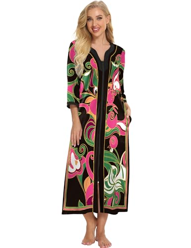 Image of Bloggerlove House Dresses for Women Zip Up Robes Soft Cotton Nightgown Half Sleeve House Coat Long Night Gowns Sleepwear