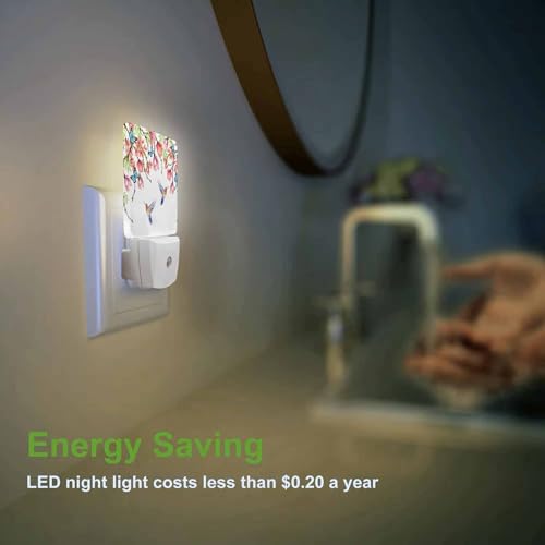 Image of LED Night Light,Summer Hummingbird Butterfly Floral Pattern LED Night Light Plug into Wall with Dusk to Dawn Light Sensor White Energy Efficient Nightlight for Bedroom Hallway Kitchen