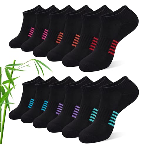 Effeet Bamboo Trainer Socks Womens 6 Pairs, Breathable Cushioned Ladies Ankle Socks, Anti Blister Short Athletic Sports Running Sock, Low Cut Summer Walking Sock, Black 3-5