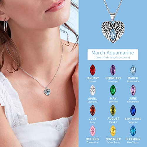 Chicsilver Angel Wing Heart Necklace 925 Sterling Silver Wings Pendant Created Aquamarine March Birthstone Necklace For Women Girls Teens #TOP2