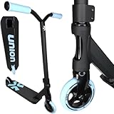 F26 Union Base Lite Stunt-Scooter für Skatepark, Pumptrack I Trick I Tret Roller für kleine Anfänger (Schwarz/Hell Blau, Gr S = H=69cm)