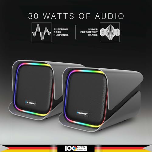 Image of Blaupunkt T.W.I.N.Z Bookshelf Bluetooth Speaker 30W RMS with TWS Stereo, RGB Lights, 4000mAh Battery, PC Speaker for Gaming & Entertainment, Wide Compatibility with Laptop, Mobile & Tablet (Grey)