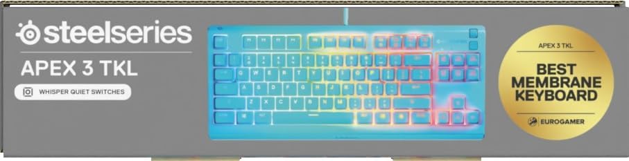 SteelSeries Apex 3 TKL Aqua Teclado Gaming RGB – Formato Compacto sin Teclado numérico – Iluminación RGB en 8 Zonas – Resistente al Agua y al Polvo – Switchs Gaming Silencioso – Formato UK QWERTY 16