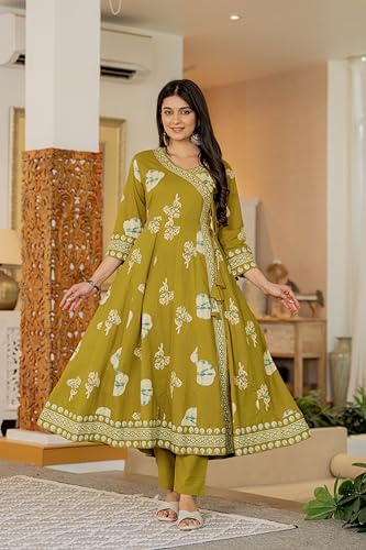 Image of Pistaa's Women's Pure Cotton Anarkali Floral Printed Hand Work Kurta with Pant & Dupatta Set
