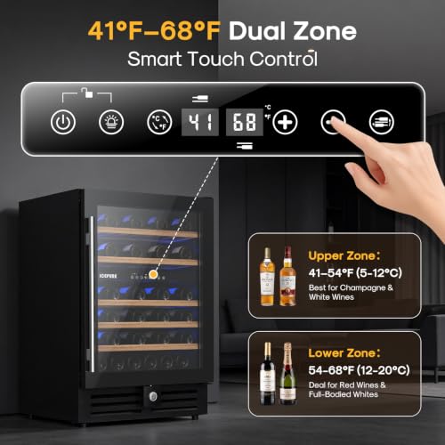 Image of ICEPURE 24 Inch Dual Zone Wine Cooler Refrigerator, 46 Bottle | 41-68℉ Control Freestanding Built-in Wine Fridge with Adjustable Shelves, Reversible Glass Door, Lock & Memory for Home Bar