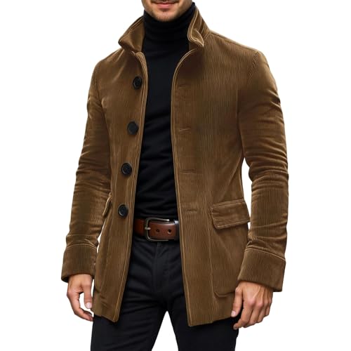 Image of Corduroy Men's Retro Long Sleeve Corduroy Jacket Single Breasted Stand-Up Collar Coat with Pockets Suit Jacket Winter Cord Blazer Elegant Regular Fit Winter Jackets Plain Cargo Coat, brown, M