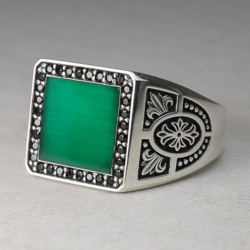 ✪VARTOVAR JEWELRY✪ Signet Men\'s Ring with Fleur De Lis Design, Center Stone Square Turquoise, Carnelian, Onyx, Green Agate, Side Gemstones, Black, White Zircon, Medieval Chevalier in Sterling Silver